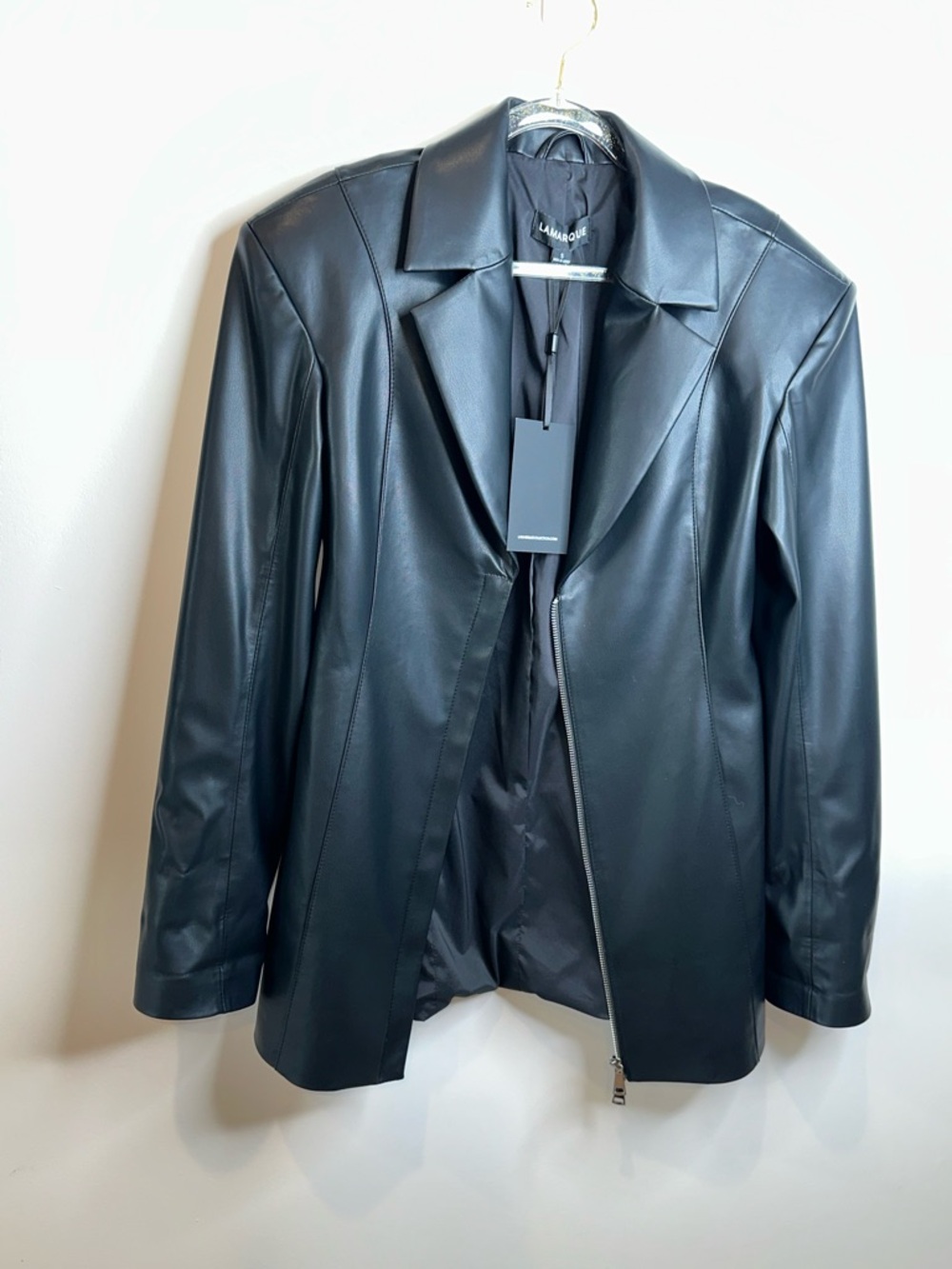 LAMARQUE Black Vegan Leather Zip Blazer with Notched Collar